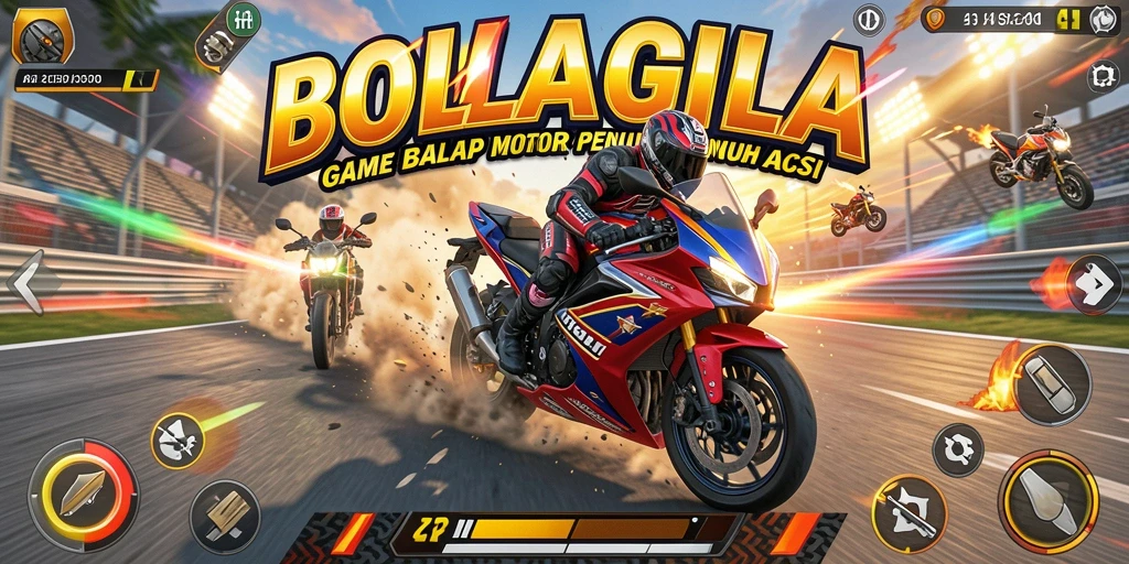 Tampilan gameplay seru di BOLAGILA dengan balapan motor.