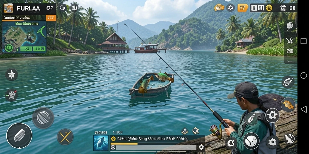 Screenshot gameplay FURLA77 dengan aksi memancing yang seru dan menantang.