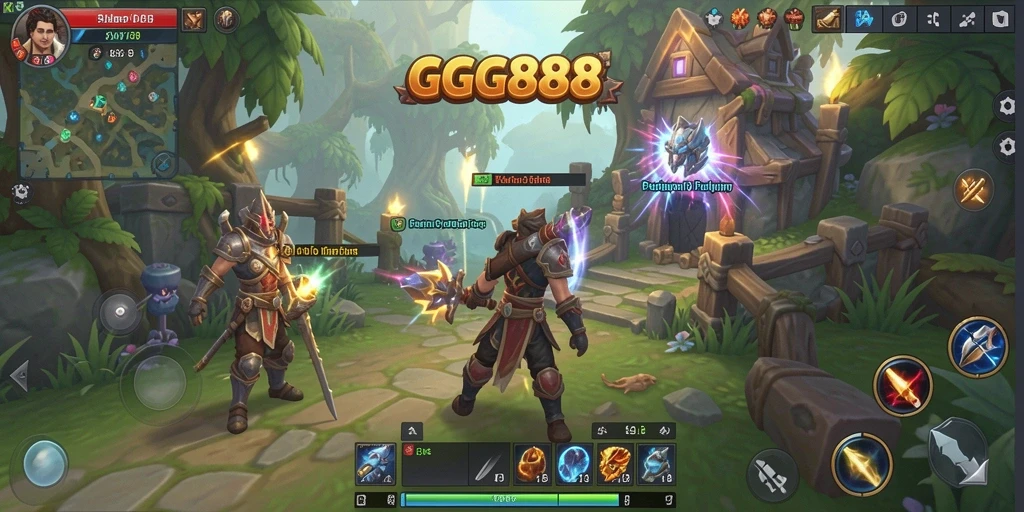 Screenshot gameplay GGG888 dengan pertempuran seru dan eksplorasi dunia RPG.