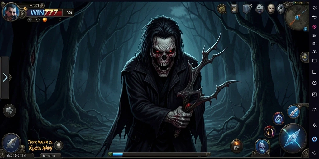 Tangkapan layar gameplay <strong>WIN777</strong> menunjukkan suasana mendebarkan dan mencekam dalam menjalani petualangan horor.