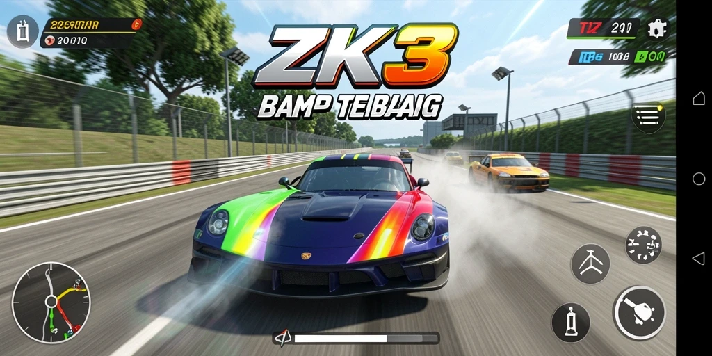 Gameplay ZK3 yang seru dengan mobil balap di trek menantang.